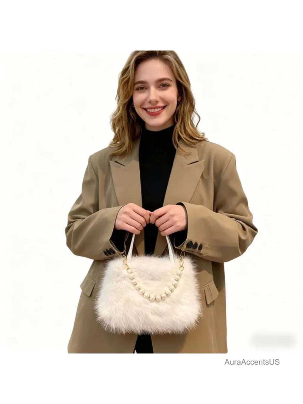 Fluffy Ostrich Feather Evening Bag with Pearl Chain Clutch Purse
